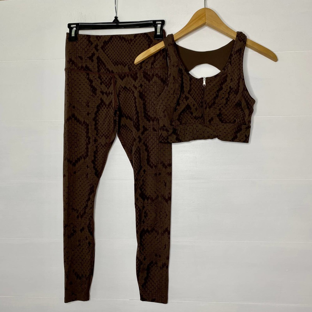 Varley activewear set Leggings Bra matching Fay zip up top brown snake print
